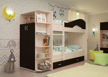 Двухэтажная детская кровать Мая на щитах со шкафом и ящиками, корпус Млечный дуб, фасад Венге в Туле