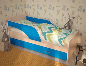 Детская кровать с бортиками Максимка, корпус Млечный дуб, фасад Синий в Туле