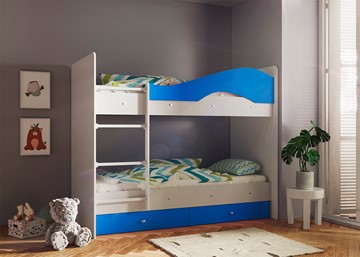 Детская двухъярусная кровать Мая с 2 ящиками на щитах, корпус Млечный дуб, фасад Синий в Туле