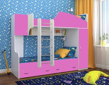 Детская кровать-шкаф Юниор-2, каркас Белое дерево, фасад Розовый в Туле