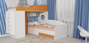 Детская кровать-чердак Кадет-2 с металлической лестницей, корпус Белое дерево, фасад Оранжевый в Туле