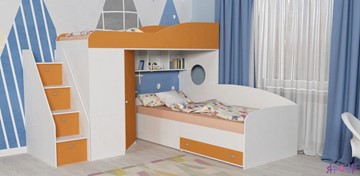 Детская кровать-чердак Кадет-2 с универсальной лестницей, корпус Белое дерево, фасад Оранжевый в Туле