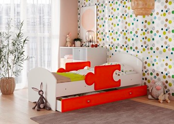 Детская кровать с ящиком и бортиками Мозайка, корпус Белый/фасад Оранжевый (ламели) в Туле