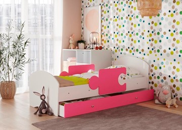 Детская кровать с ящиком и бортиками Мозайка, корпус Белый/фасад Розовый (ламели) в Туле