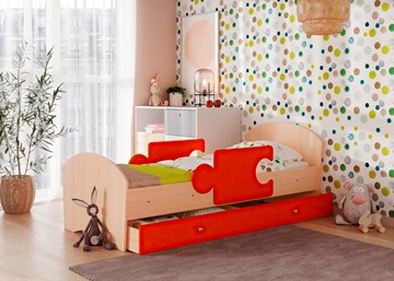 Детская кровать с ящиком и бортиками Мозайка, корпус Млечный дуб/фасад Оранжевый (щиты) в Туле