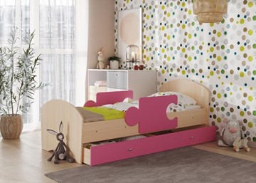 Кровать детская с бортиками и ящиком Мозайка, корпус Млечный дуб/фасад Розовый (щиты) в Туле