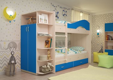 Детская 2-этажная кровать ТМК Мая на щитах со шкафом и ящиками, корпус Млечный дуб, фасад Синий в Туле