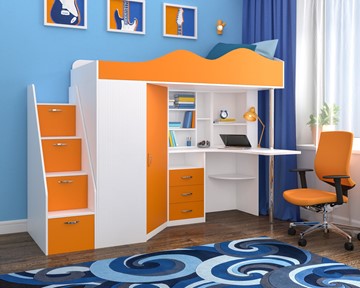 Детская кровать-шкаф Пионер-1, каркас Белое дерево, фасад Оранжевый в Туле