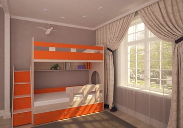 Детская 2-этажная кровать Юниор-1 с бортом, каркас Дуб, фасад Оранжевый в Туле