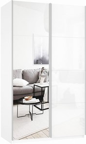 Шкаф 2-х дверный Прайм (Зеркало/Белое стекло) 1600x570x2300, белый снег в Туле