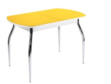 Кухонный стол раскладной ПГ-07 СТ2, белое/желтое стекло/35 хром гнутые металл в Туле