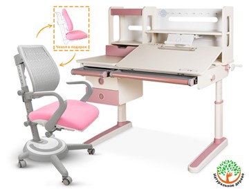 Растущий стол + кресло Mealux Oxford Max + Ergoback, белый/розовый в Туле