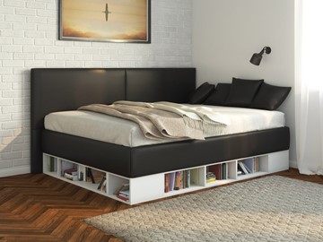 Подростковая кровать Lancaster 1, 140х200, ЛДСП белая, экокожа черная в Туле