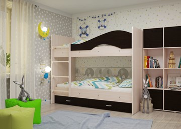 Детская  двухъярусная кровать Мая с 2 ящиками на щитах, корпус Млечный дуб, фасад Венге в Туле - предосмотр 1