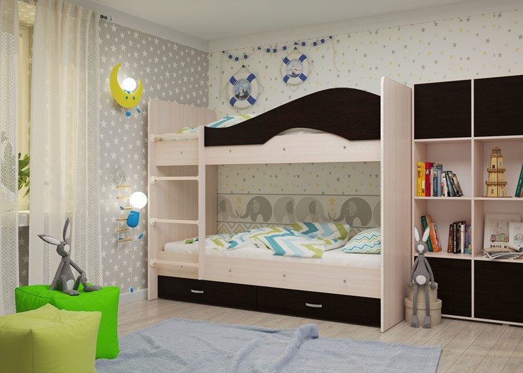 Детская  двухъярусная кровать Мая с 2 ящиками на щитах, корпус Млечный дуб, фасад Венге в Туле - изображение 1