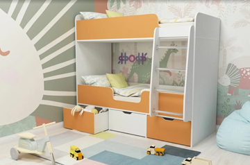 Двухэтажная детская кровать Малыш двойняшка 70х160, корпус Белое дерево, фасад Оранжевый в Туле