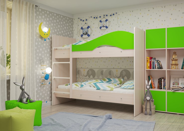 Детская 2-х ярусная кровать Мая на щитах, корпус Млечный дуб, фасад Салатовый в Туле - изображение 1