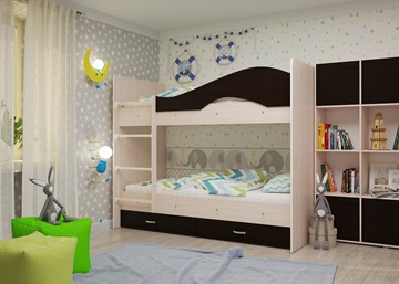 Двухэтажная детская кровать Мая на щитах со шкафом и ящиками, корпус Млечный дуб, фасад Венге в Туле - предосмотр 1