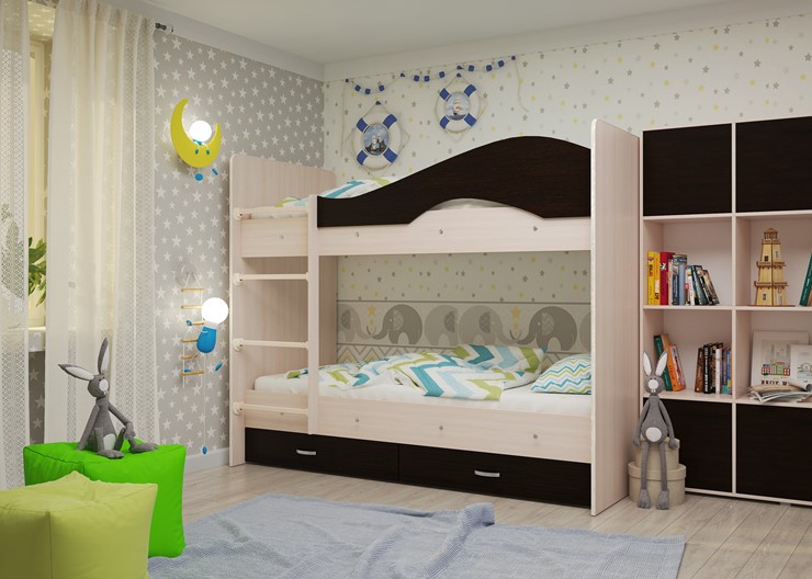 Двухэтажная детская кровать Мая на щитах со шкафом и ящиками, корпус Млечный дуб, фасад Венге в Туле - изображение 1