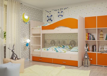 Двухъярусная детская кровать Мая с 2 ящиками на щитах, корпус Млечный дуб, фасад Оранжевый в Туле - предосмотр 3