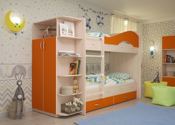 Двухъярусная детская кровать Мая с 2 ящиками на щитах, корпус Млечный дуб, фасад Оранжевый в Туле - предосмотр 1