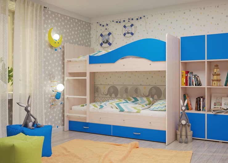 Детская двухъярусная кровать Мая с 2 ящиками на щитах, корпус Млечный дуб, фасад Синий в Туле - изображение 3