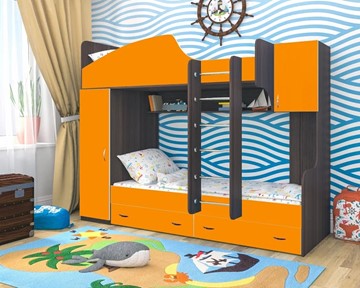 Детская двухъярусная кровать Юниор-2, каркас Ясень анкор темный, фасад Оранжевый в Туле