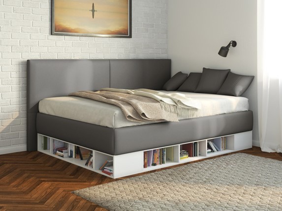 Подростковая кровать Lancaster 1, 120х200, ЛДСП белая, экокожа серая в Туле - изображение