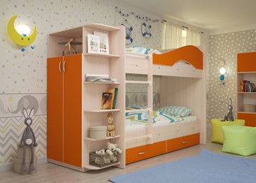 Детская 2-х ярусная кровать Мая на щитах со шкафом и ящиками, корпус Млечный дуб, фасад Оранжевый в Туле