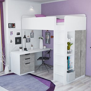 Кровать детская с письменным столом и шкафом POLINI Kids Simple Белый / Бетон в Туле - предосмотр 1