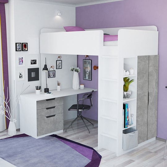 Кровать детская с письменным столом и шкафом POLINI Kids Simple Белый / Бетон в Туле - изображение 1