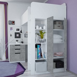 Кровать детская с письменным столом и шкафом POLINI Kids Simple Белый / Бетон в Туле - предосмотр 2