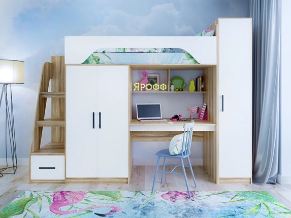 Кровать-чердак детская с шкафом Тея, каркас Ясень, фасад Белый в Туле - изображение