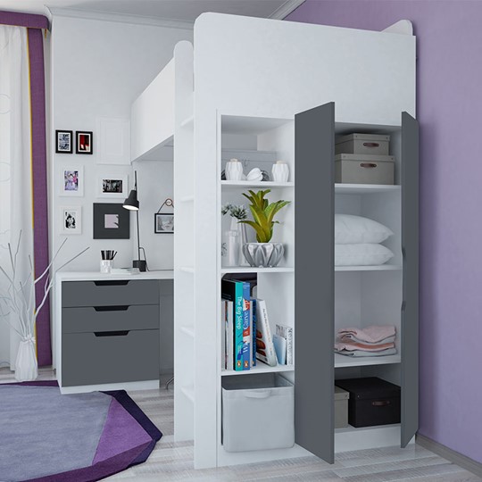 Кровать 2-х ярусная с письменным столом и шкафом POLINI Kids Simple Белый / Серый в Туле - изображение 1