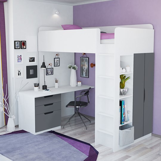 Кровать 2-х ярусная с письменным столом и шкафом POLINI Kids Simple Белый / Серый в Туле - изображение 3