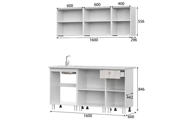 Кухонный гарнитур КГ-1 1600, белый/белый/цемент светлый/антарес в Туле - изображение 2