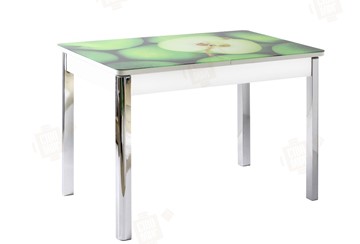 Кухонный стол раскладной Айсберг-01 СТФ, белый/фотопечать зеленые яблоки/ноги хром квадратные в Туле