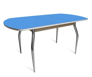 Кухонный раздвижной стол ПГ-01 СТ2, дуб молочный/синие стекло/35 хром гнутые металл в Туле - предосмотр