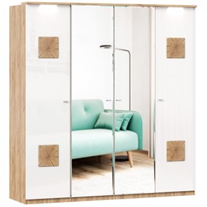 Шкаф 4х-дверный Фиджи с 2 зеркалами и декоративными накладками, Дуб золотой/Белый в Туле