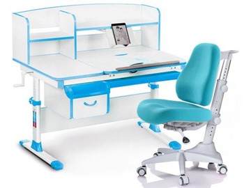 Комплект растущая парта + стул Mealux-EVO Evo-50 BL (арт. Evo-50 BL + Y-528 KBL) / (стол+полка+кресло) / белая столешница / цвет пластика голубой в Туле