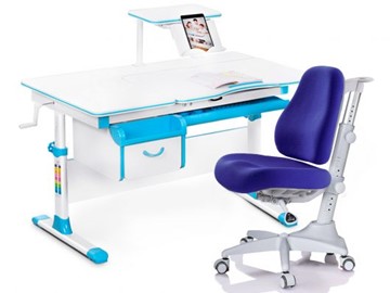 Комплект растущая парта + стул Mealux EVO Evo-40 BL (арт. Evo-40 BL + Y-528 SB) / (стол+полка+кресло) / белая столешница / цвет пластика голубой в Туле